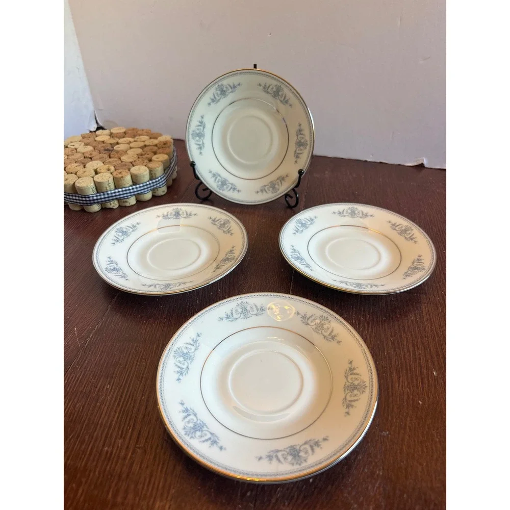 Oxford Bone China Bryn Mawr Saucers Set of 4 Blue Floral Gold Trim Made in USA